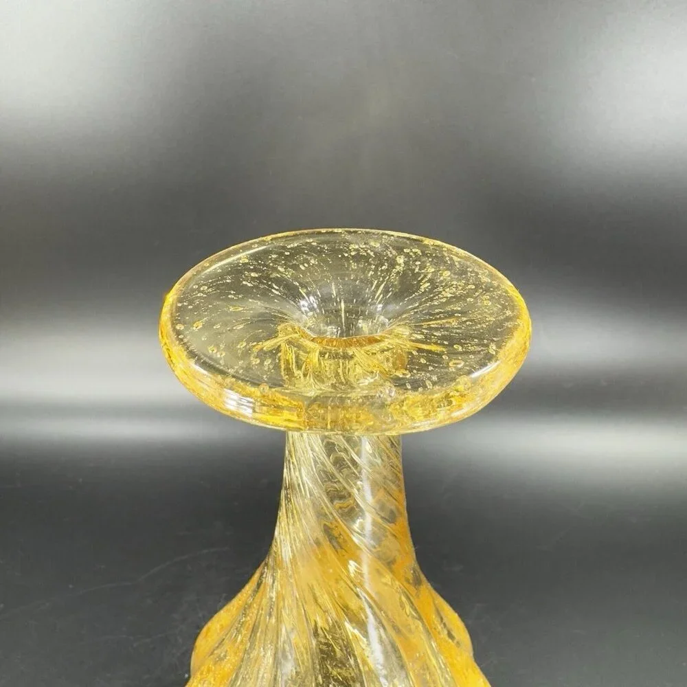 Art Glass Vase Yellow With Twisted Top Small Air Bubbles All Over Glass Vase VTG